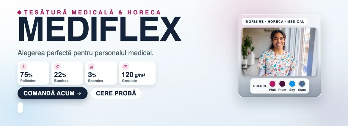 Țesătură medicală și HORECA MEDIFLEX: 75% poliester, 22% bumbac, 3% spandex, 120 g/m² — Astratex