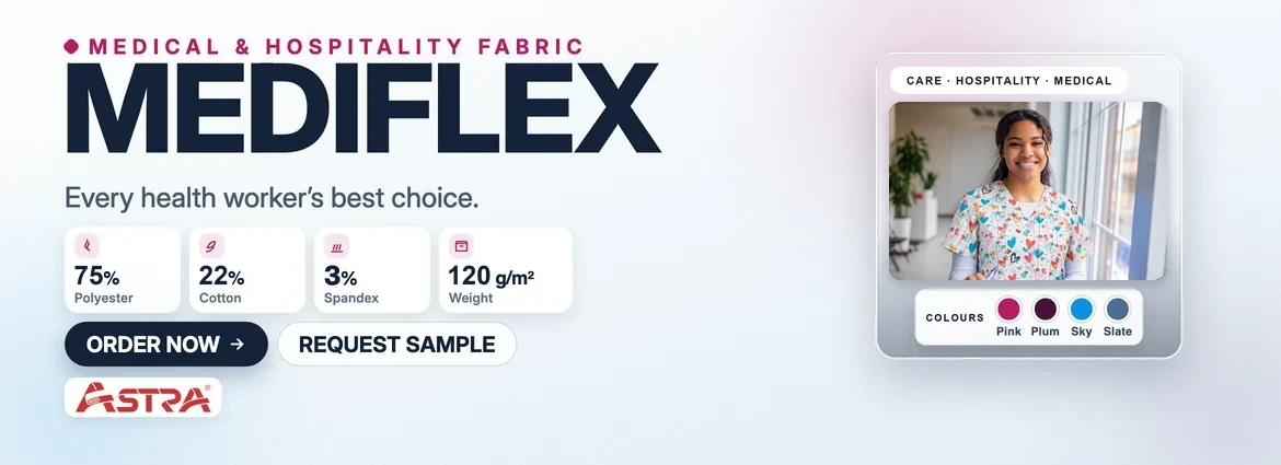 MEDIFLEX medical and hospitality fabric: 75% polyester, 22% cotton, 3% spandex, 120 g/m² — Astratex